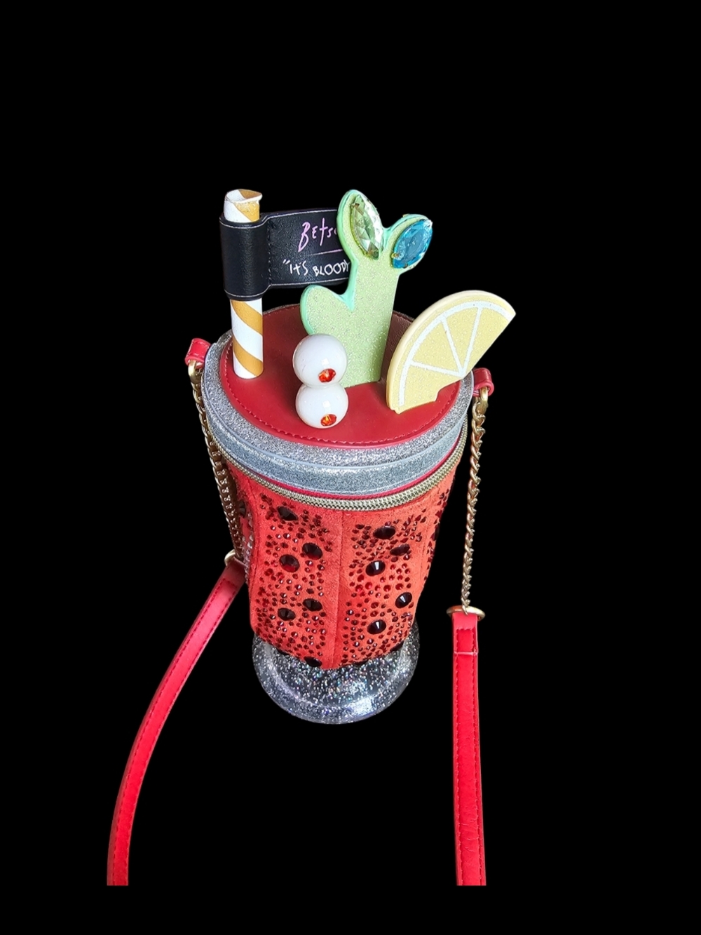 Novelty Drink Cup Crossbody Bag in Red with Glitter Accents